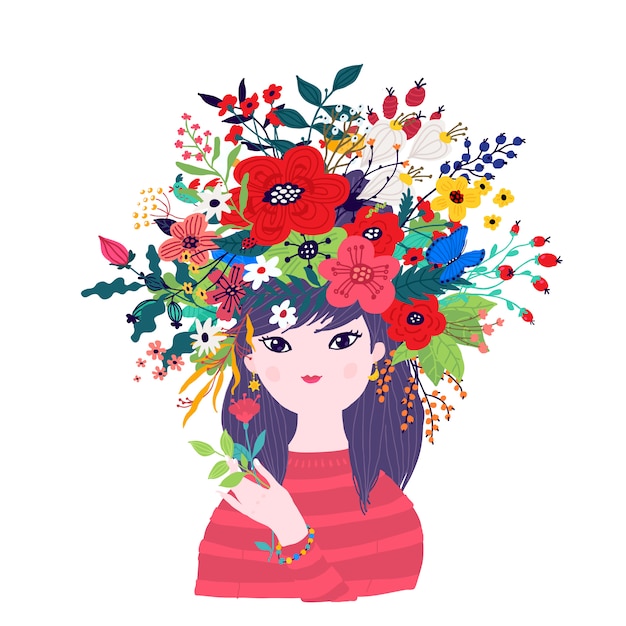 花の花輪の春の女の子のイラスト プレミアムベクター
