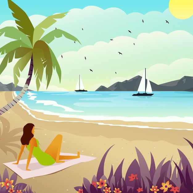 夏のビーチの景色を楽しむ女性のイラスト プレミアムベクター