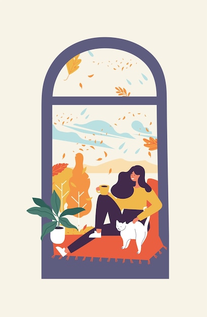 窓際に座ってお茶やコーヒーを飲む若い女性のイラスト 秋のシーズンの構想 プレミアムベクター