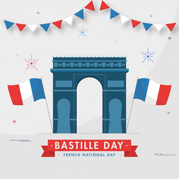 フランス革命記念日 フランス革命記念日のための灰色の背景に波状フランスフラグと凱旋門記念碑のイラスト プレミアムベクター