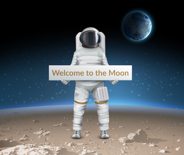 月面に立つ宇宙飛行士のイラストが私たちを歓迎します プレミアムベクター