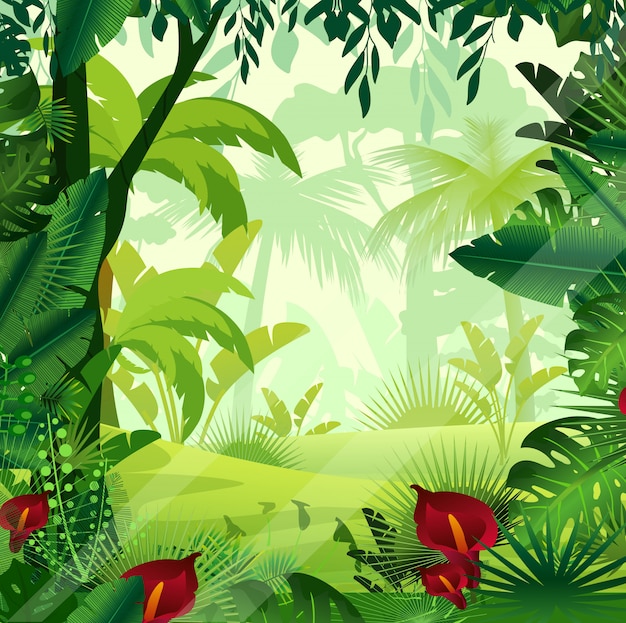 朝の時間の背景のジャングルの芝生のイラスト シダ 木 茂み ブドウの木 花の漫画eの明るくカラフルなジャングル プレミアムベクター