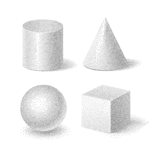 立方体 円柱 球 円錐の基本的な形状のイラスト ハーフトーンの粒子の粗いテクスチャ 白い背景の上の幾何学的な点描の固体 プレミアムベクター