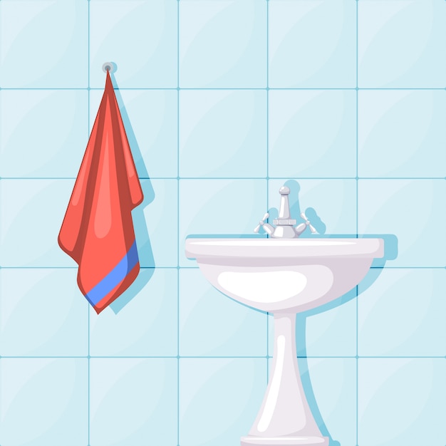 バスルームのセラミック洗面台 タイル張りの壁 赤いタオルのイラスト 漫画のスタイル家具付きバスルーム プレミアムベクター