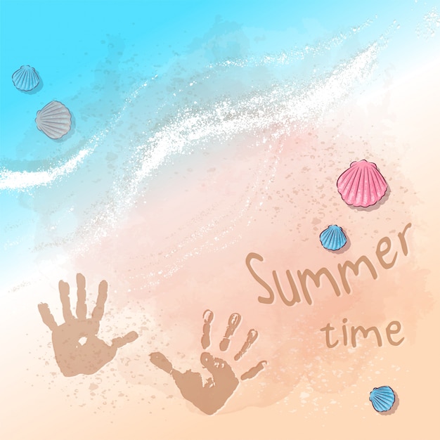 海沿いの砂の上の足跡とビーチ夏のパーティーのイラスト 手の描画スタイル プレミアムベクター