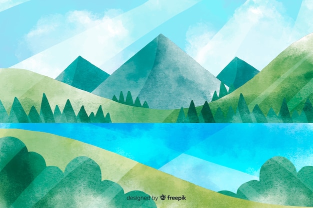 山々と美しい自然の風景のイラスト プレミアムベクター