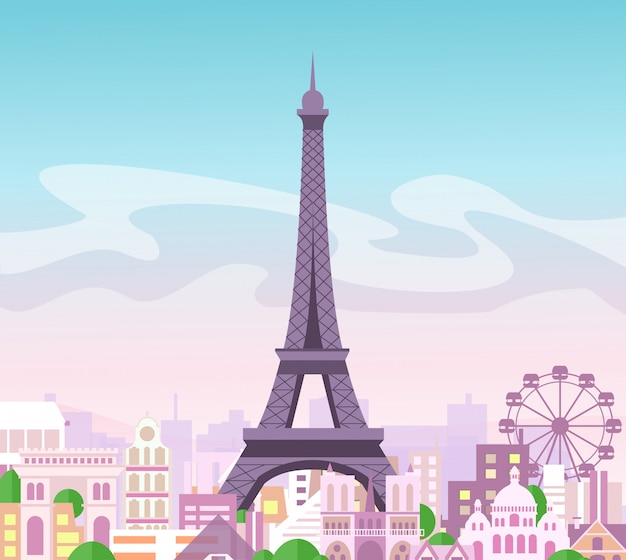 建物とパステルカラーの木と美しいスカイラインシティービューのイラスト パリとエッフェル塔 フランスのかわいいeのパリのシンボル プレミアムベクター
