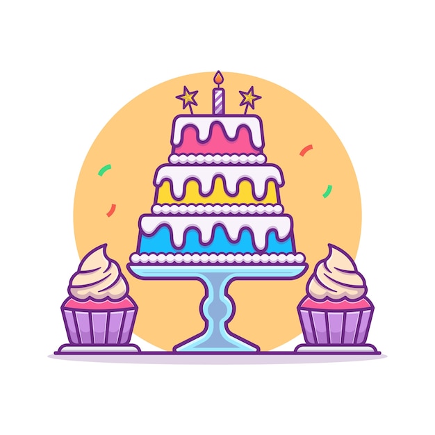 バースデーケーキとカップケーキのイラスト お誕生日おめでとうパーティーのコンセプト フラット漫画スタイル プレミアムベクター