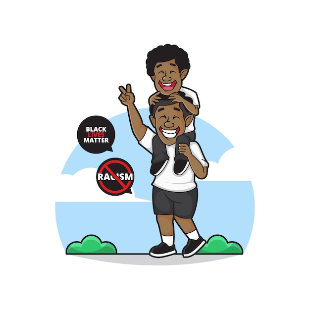 黒人のキャラクターのイラスト 父親は彼の幸せな息子を停止人種差別のシンボルで運ぶ プレミアムベクター