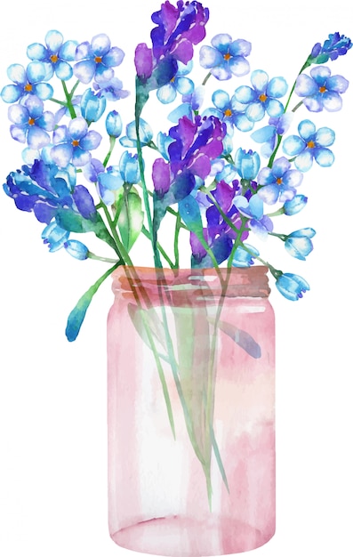 ガラスの瓶に野生の花の花束のイラスト プレミアムベクター