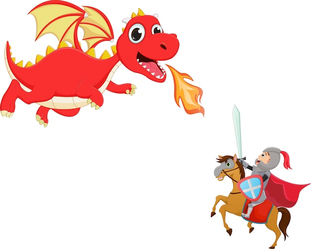 龍と戦っている勇敢な騎士のイラスト プレミアムベクター