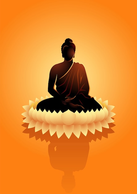 水蓮の花で瞑想する仏のイラスト プレミアムベクター