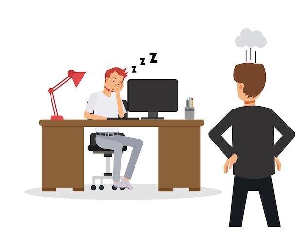ビジネスマンのイラストは仕事を緩め 昼寝をします オフィスのワークデスクで寝ている従業員 それを見たときマネージャーは怒っている ビジネスコンセプト プレミアムベクター