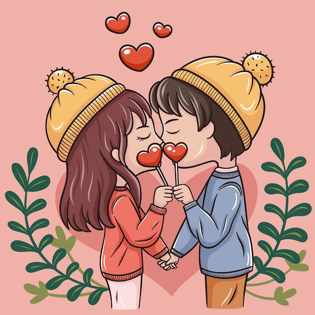 バレンタインの日の漫画のカップルのイラスト プレミアムベクター