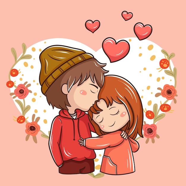 バレンタインの日の漫画のカップルのイラスト プレミアムベクター