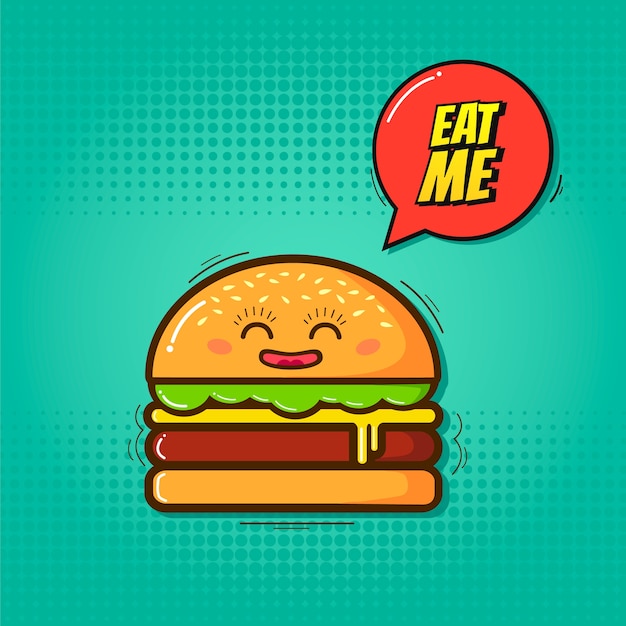 エンブレムが付いている漫画面白いハンバーガーのイラストは私を食べます プレミアムベクター