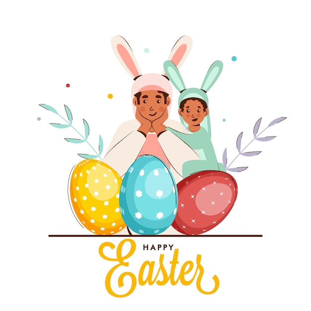 幸せなイースターの概念のための白い背景にウサギの衣装 卵と葉を身に着けている彼の息子と漫画の男のイラスト プレミアムベクター