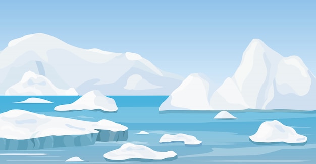 氷山 青い純粋な水と雪の丘 山と漫画自然冬の北極の風景のイラスト プレミアムベクター