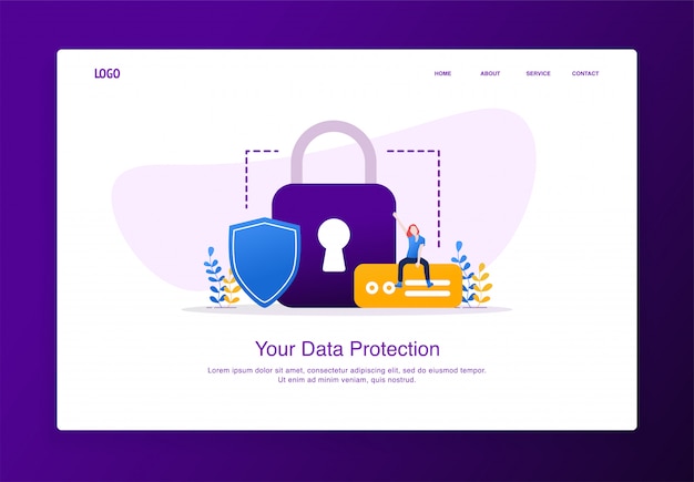 南京錠と盾を持つ外付けハードディスクの上に座っている陽気な女性のイラスト モダンなフラットデザインセキュリティコンセプト ランディングページテンプレート プレミアムベクター