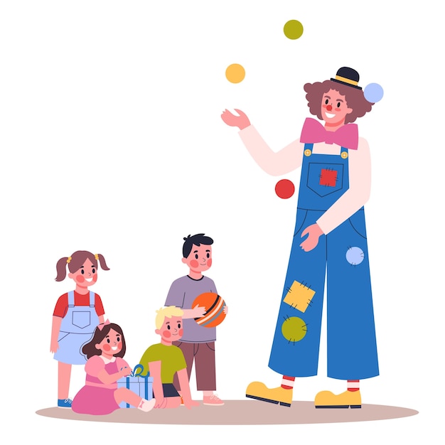 子供の誕生日パーティーのイラスト ピエロジャグリングボールを見ている子供 幸せな家族が誕生日を祝います プレミアムベクター