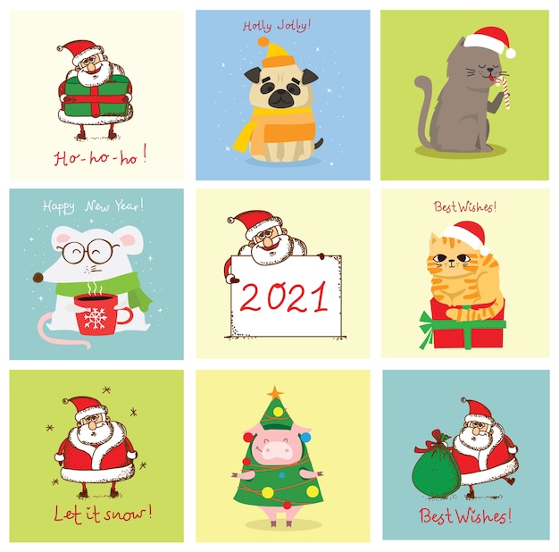 クリスマスと新年の挨拶とクリスマスの猫 豚 ラット 犬のイラスト 休日の帽子とプレゼントとかわいいペット プレミアムベクター