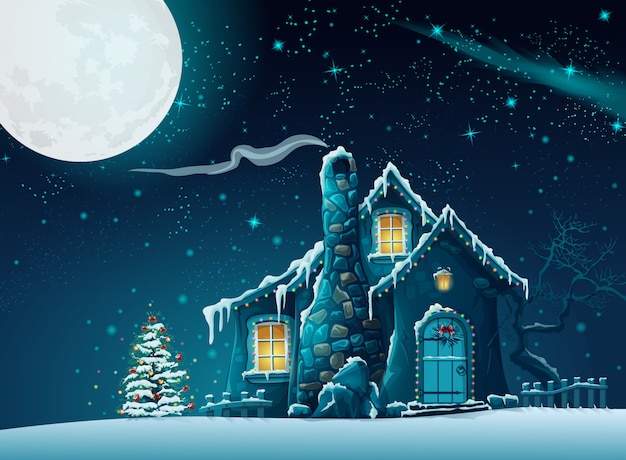 素晴らしい家でクリスマスの夜のイラスト プレミアムベクター