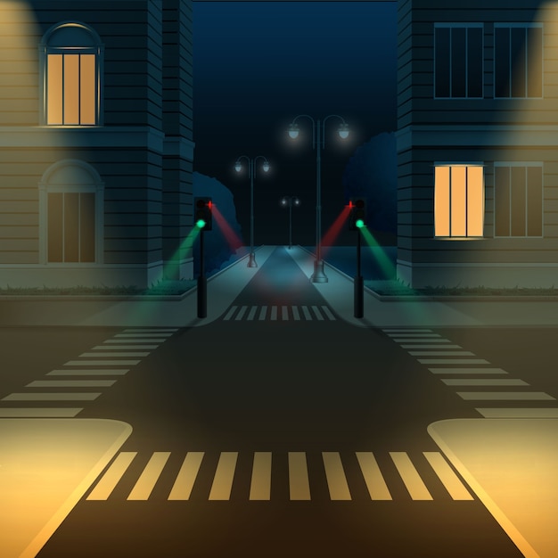 暗い夜の信号と街の通りの道路の交差点または交差点のイラスト プレミアムベクター