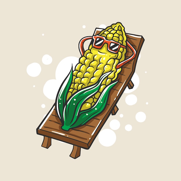 トウモロコシのキャラクターのイラストは夏にリラックスしています プレミアムベクター