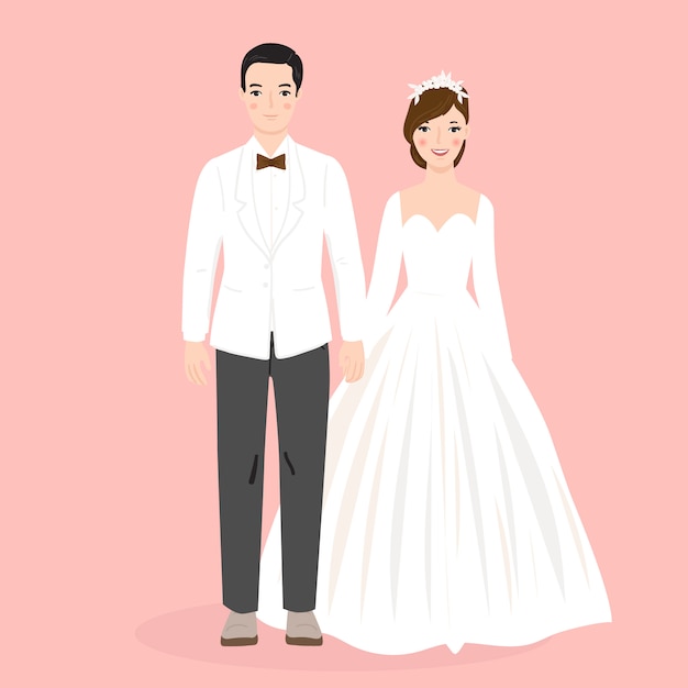 結婚式の新郎新婦のカップルのイラスト プレミアムベクター