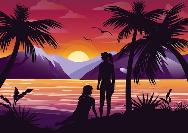 夕日を背景に山々のヤシの木の下のビーチでカップルの女の子友達シルエットのイラスト プレミアムベクター