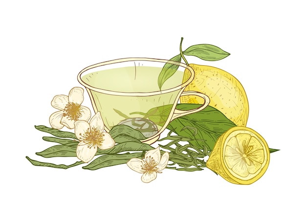 一杯のお茶 新鮮なレモンの果実 花と葉のイラスト プレミアムベクター