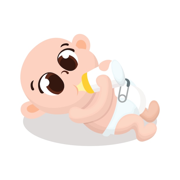 かわいい赤ちゃんのホールドミルクボトル漫画スタイルのイラスト プレミアムベクター