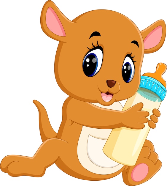 哺乳瓶を持っているかわいい赤ちゃんカンガルーのイラスト プレミアムベクター