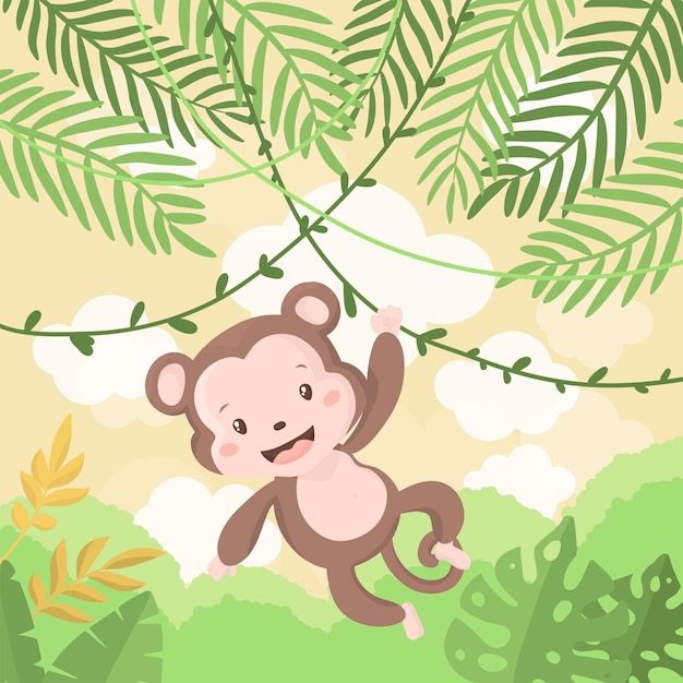 ジャングルの木の上のかわいい赤ちゃん猿のイラスト 無料のベクター