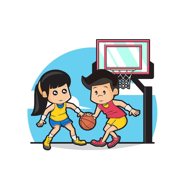 かわいい男の子と女の子のバスケットボールのイラスト プレミアムベクター