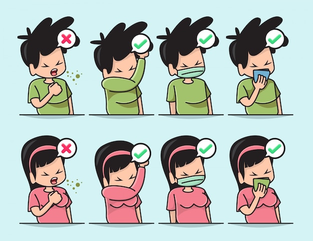 咳やくしゃみをするときに口を覆う適切な方法でかわいい男の子と女の子のイラスト プレミアムベクター