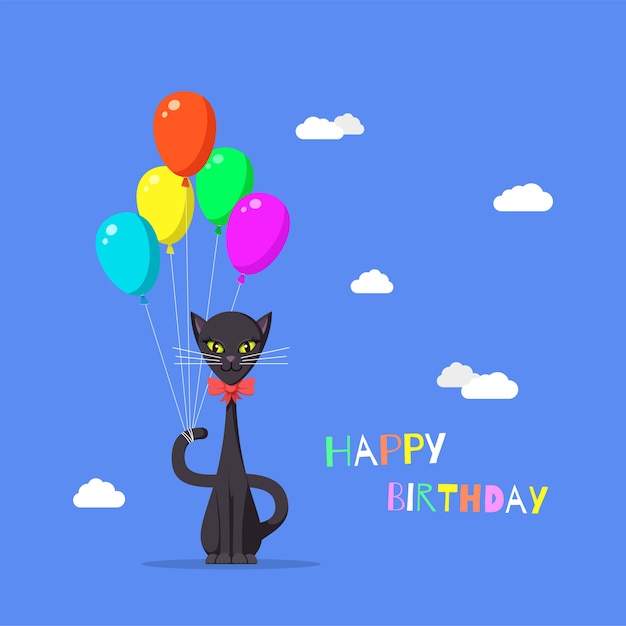 色付きの風船とかわいい猫のイラスト お誕生日おめでとうグリーティングカード プレミアムベクター