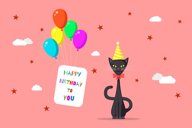 色付きの風船とかわいい猫のイラスト お誕生日おめでとうグリーティングカード プレミアムベクター