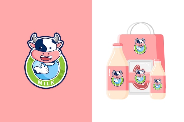 乳製品や牛肉のかわいい牛マスコットロゴのイラスト プレミアムベクター