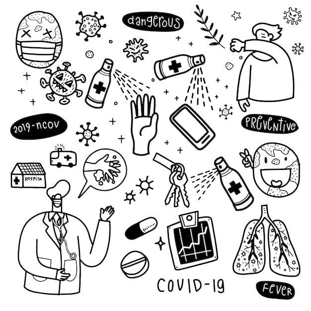 Covid 19コロナウイルスのかわいい落書きのイラスト 手描きイラスト プレミアムベクター