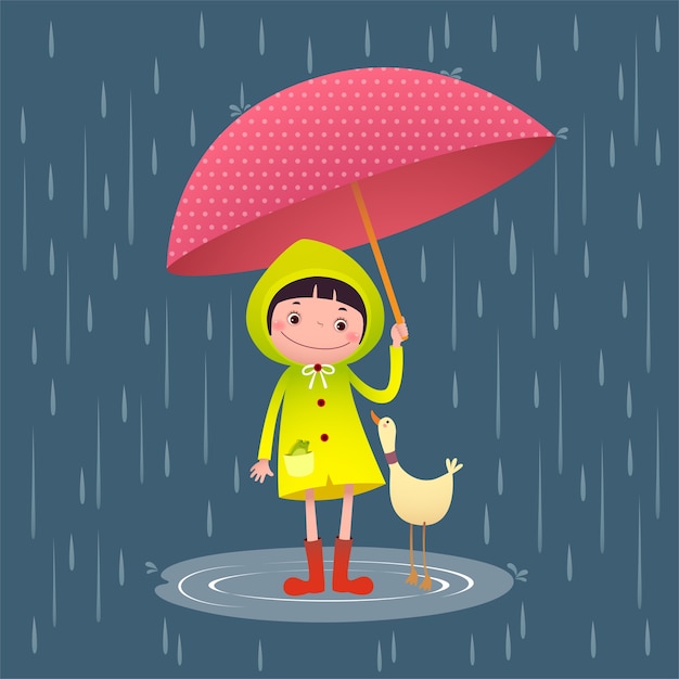 かわいい女の子と梅雨の傘を持つ友人のイラスト プレミアムベクター
