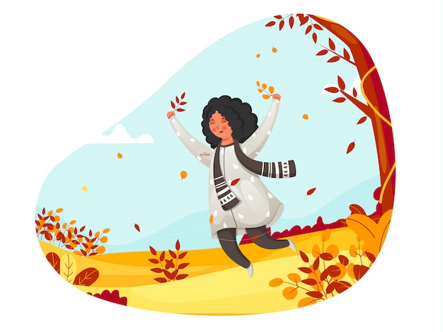 抽象的な秋の自然の背景にジャンプかわいい女の子のイラスト プレミアムベクター