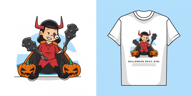 ハロウィーンの衣装を着ているかわいい女の子のイラストは カボチャとtシャツのデザインで悪魔の衣装です プレミアムベクター