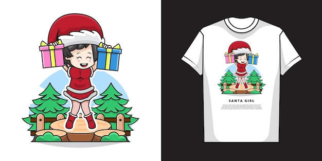 プレミアムベクター サンタクロースの衣装を着て Tシャツのデザインでクリスマスプレゼントを保持しているかわいい女の子のイラスト