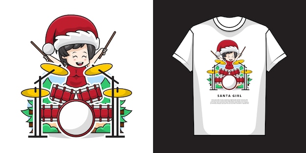 サンタクロースの衣装を着て Tシャツのデザインでドラムを演奏するかわいい女の子のイラスト プレミアムベクター