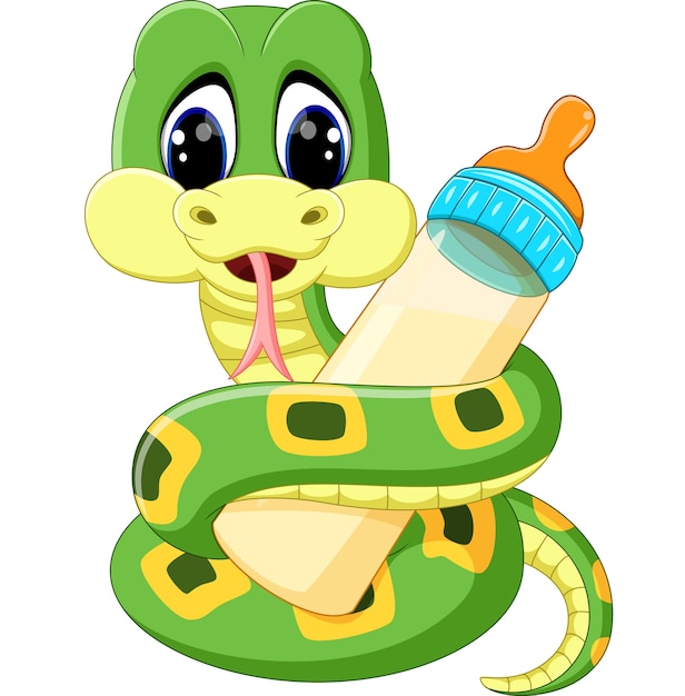 ミルクボトルを持っているかわいい緑のヘビのイラスト プレミアムベクター