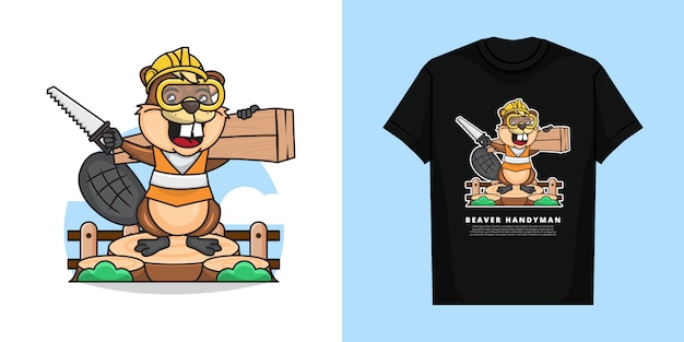 かわいい便利屋ビーバーのイラストは木の部分を持ち上げ Tシャツのデザインでのこぎりを保持しています プレミアムベクター