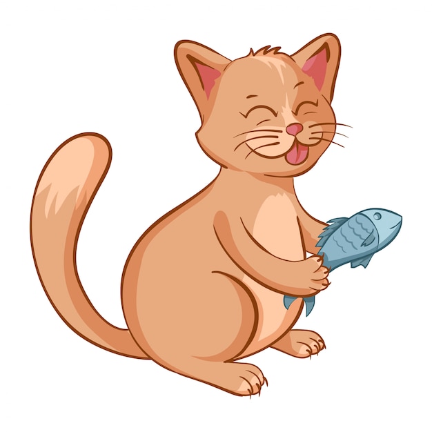 手の中の魚とかわいい幸せな猫のイラスト 概要と孤立した漫画ベクトル文字 プレミアムベクター
