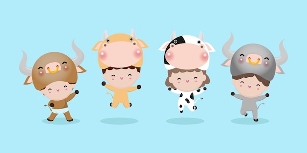 背景 牛のコスプレでかわいい子に分離された牛の動物の衣装を着てかわいい子供たちのイラスト プレミアムベクター