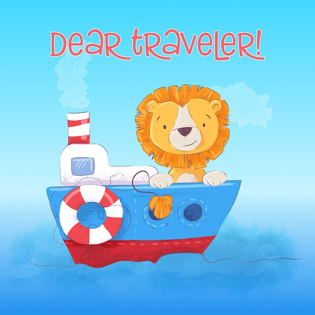 かわいいライオンの子のイラストがボートに浮かんでいます 漫画のスタイルベクター プレミアムベクター